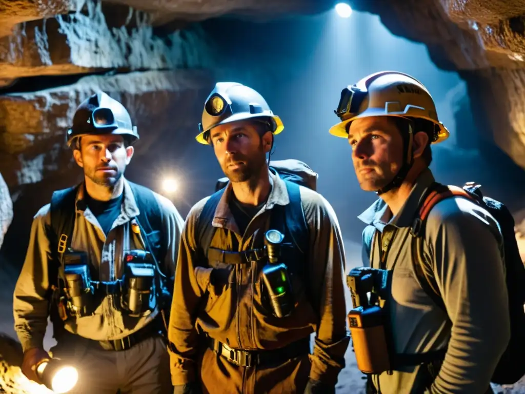 Un grupo de espeleólogos experimentados se reúnen en una cueva, equipados con walkie-talkies y lámparas frontales