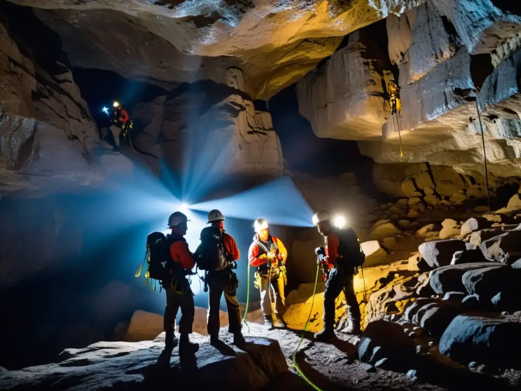 Un grupo de espeleólogos experimentados desciende con cuidado a una cueva oscura, iluminando las paredes con linternas frontales