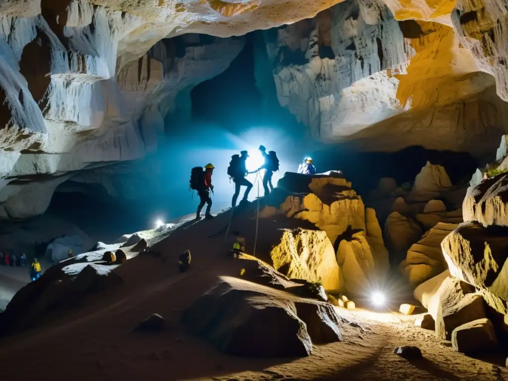 Un grupo de espeleólogos explorando maravillas subterráneas, iluminando la biodiversidad en túneles