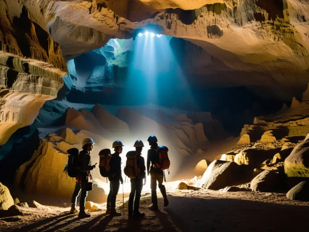 Grupo de estudiantes explorando una misteriosa cueva subterránea con guías de estudio exploraciones subterráneas