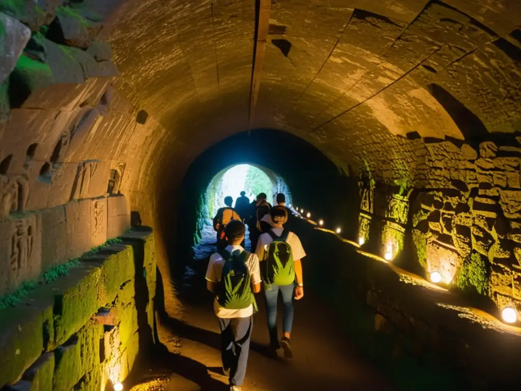 Grupo de estudiantes en recorrido educativo por túnel histórico, iluminado por linternas, admirando las antiguas marcas y carvings en las paredes de piedra cubiertas de musgo