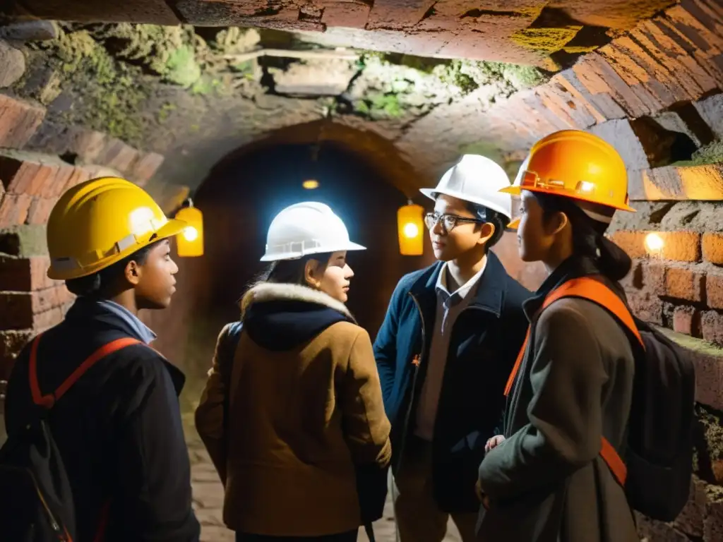 Grupo de estudiantes explorando un túnel histórico con linternas, descubriendo inscripciones antiguas y arquitectura intrigante