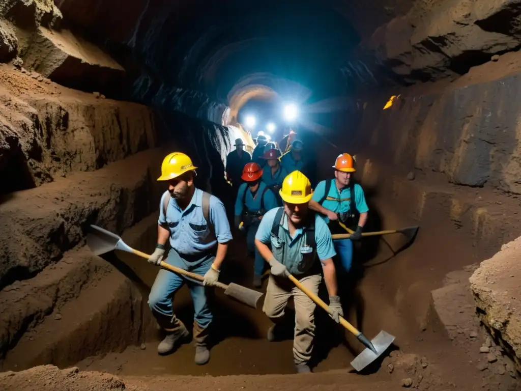 Exploración subterránea: Descendiendo en la historia de la mina Grupo de expertos en recorridos por minas históricas descendiendo por túnel oscuro con linternas, picos y palas en mano