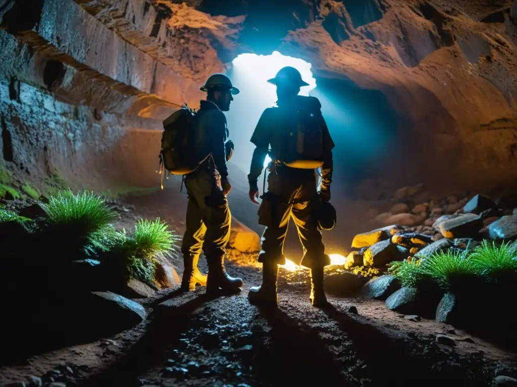 Un grupo de exploradores con botas especializadas para terrenos subterráneos se prepara para adentrarse en un oscuro túnel cubierto de musgo, con expresiones determinadas que reflejan emoción y precaución