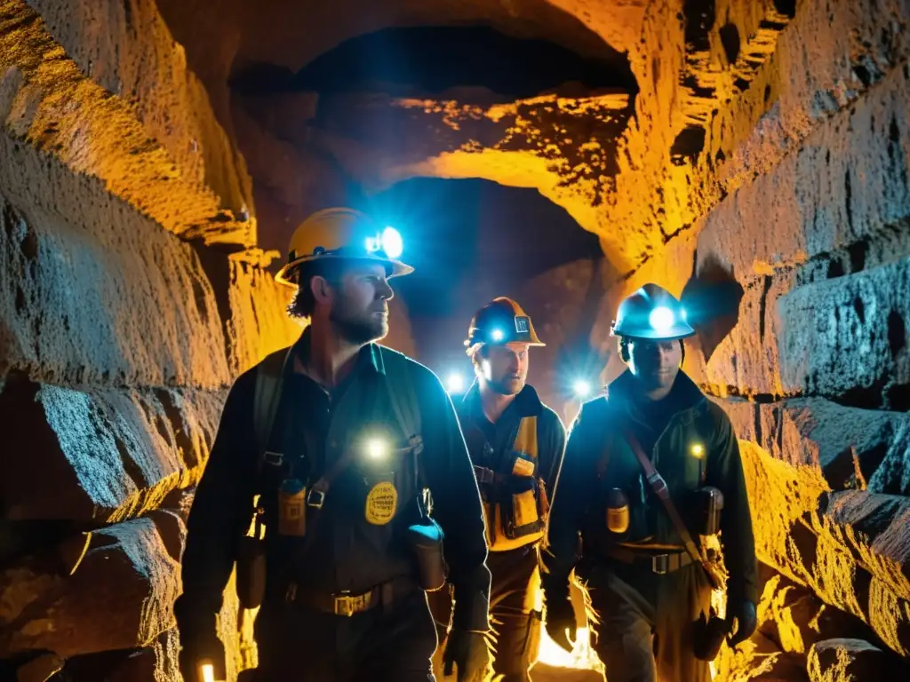 Exploradores iluminados adentro de la mina histórica Grupo de exploradores con cascos y linternas en una mina histórica, su silueta iluminada por la cálida luz mientras exploran los túneles