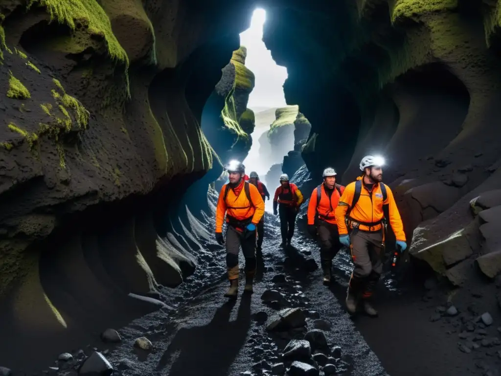 Un grupo de exploradores con cascos y linternas recorren un túnel de lava en Islandia