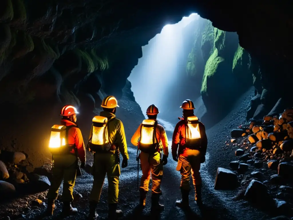 Grupo de exploradores con cascos y linternas, explorando un túnel de lava en Islandia