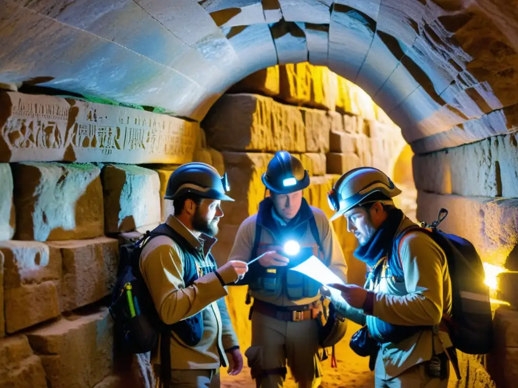 Grupo de exploradores con cascos de luz exploran un antiguo túnel, iluminando grabados en la piedra