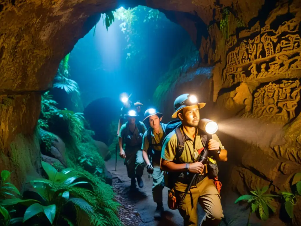 Un grupo de exploradores avanza con cautela a través de un estrecho túnel en la selva sudamericana, iluminando antiguas inscripciones