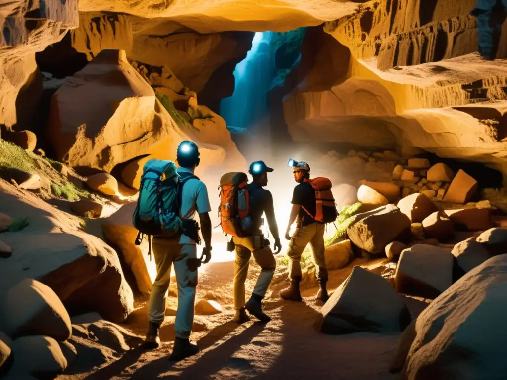 Un grupo de exploradores desciende a una caverna subterránea con guías de exploración en ciudades subterráneas, rodeados de misterio y aventura