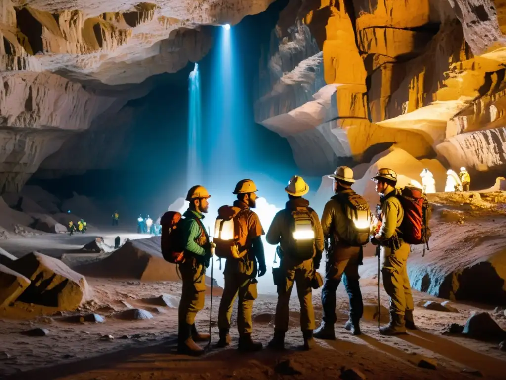 Un grupo de exploradores en una caverna subterránea, examinando la geología con determinación y asombro