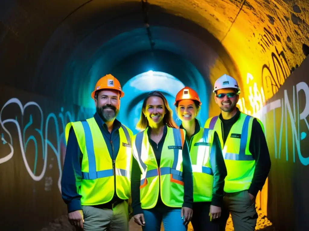 Grupo de exploradores con chalecos reflectantes y linternas, adentrándose en un túnel oscuro con grafitis coloridos