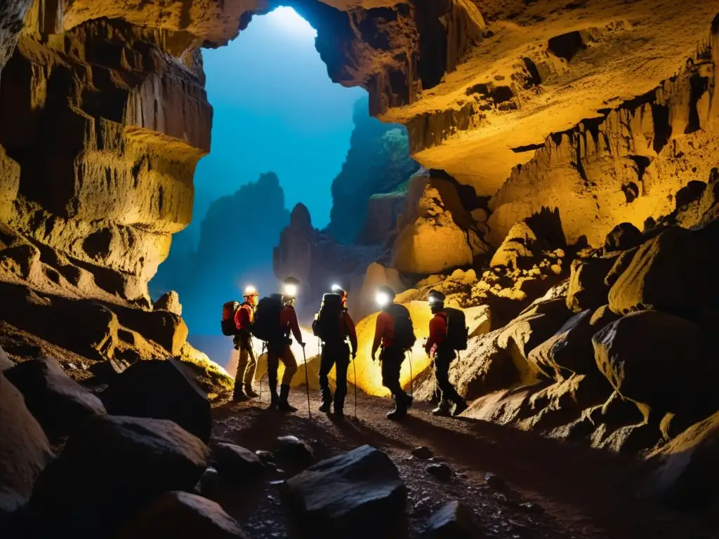 Grupo de exploradores en una cueva, iluminando formaciones rocosas