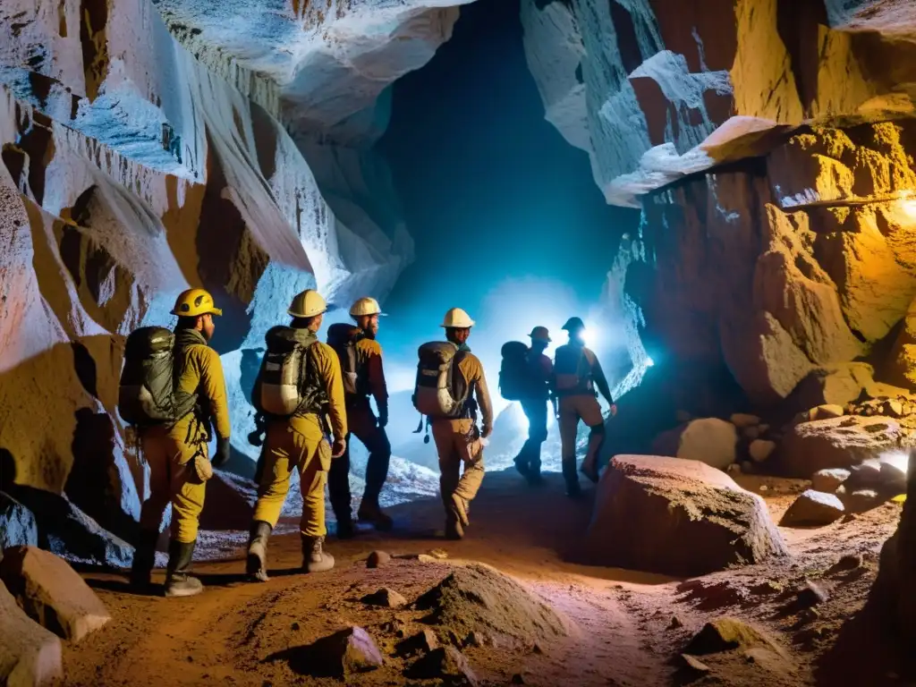 Grupo de exploradores en cueva iluminada por sus lámparas frontales, mostrando la emoción y desafíos de la exploración subterránea con vestimenta especializada