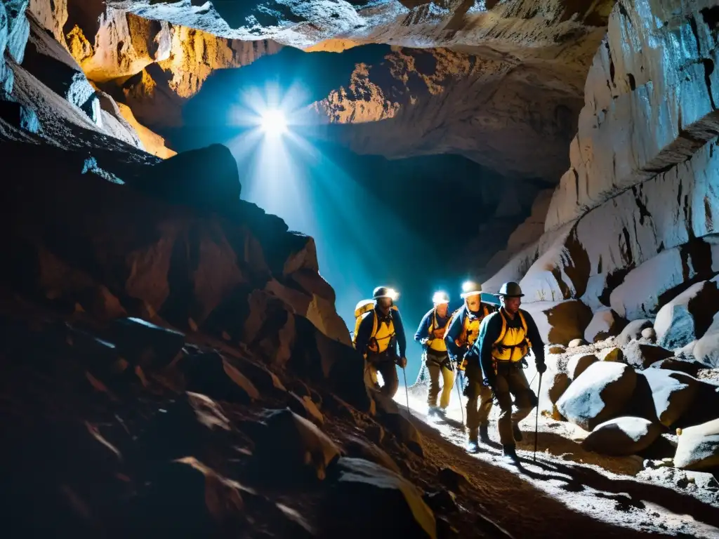 Un grupo de exploradores desciende con determinación en una cueva subterránea, utilizando sistemas anticaídas para exploradores subterráneos