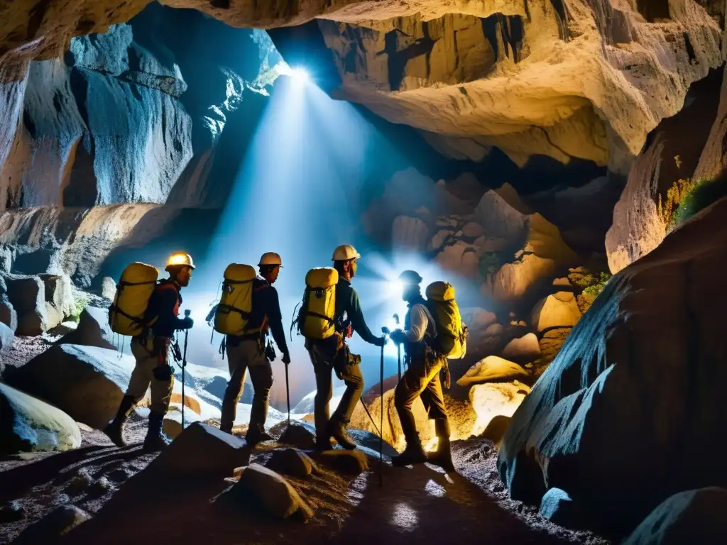 Grupo de exploradores en una cueva subterránea, iluminados con lámparas y equipo de escalada