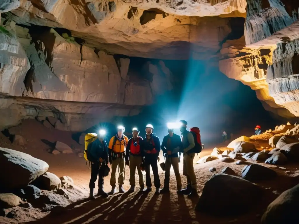 Un grupo de exploradores con dispositivos GPS para exploración subterránea, iluminan una caverna subterránea con sus linternas