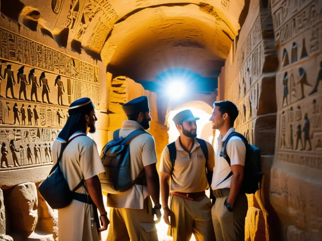 Grupo de exploradores en la entrada de un túnel egipcio antiguo, iluminando jeroglíficos con linternas