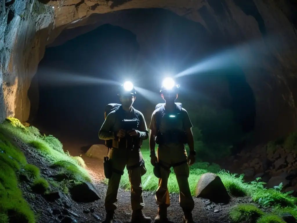 Grupo de exploradores en la entrada de un túnel oscuro, preparándose para su viaje emocional explorando túneles subterráneos