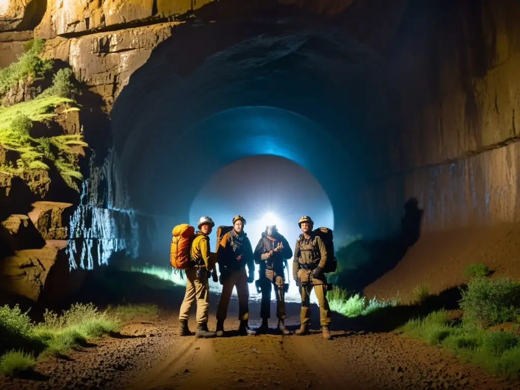 Un grupo de exploradores equipados con linternas frontales y equipo resistente se preparan para adentrarse en un túnel oscuro y misterioso