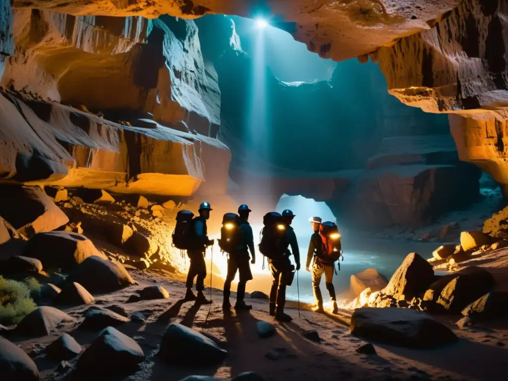 Un grupo de exploradores equipados con linternas y equipo de escalada navega cuidadosamente por una caverna oscura y expansiva