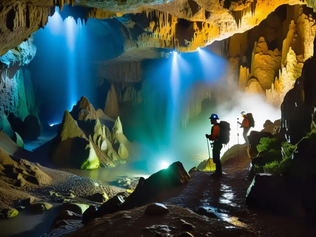 Un grupo de exploradores equipados con linternas y equipo de seguridad exploran una cueva iluminada por estalactitas y estalagmitas