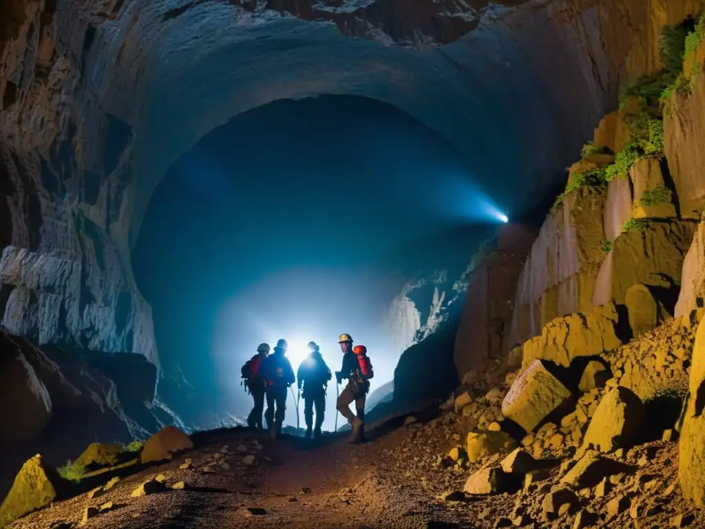 Grupo de exploradores con equipamiento esencial para exploración subterránea, descendiendo a una misteriosa y emocionante caverna oscura