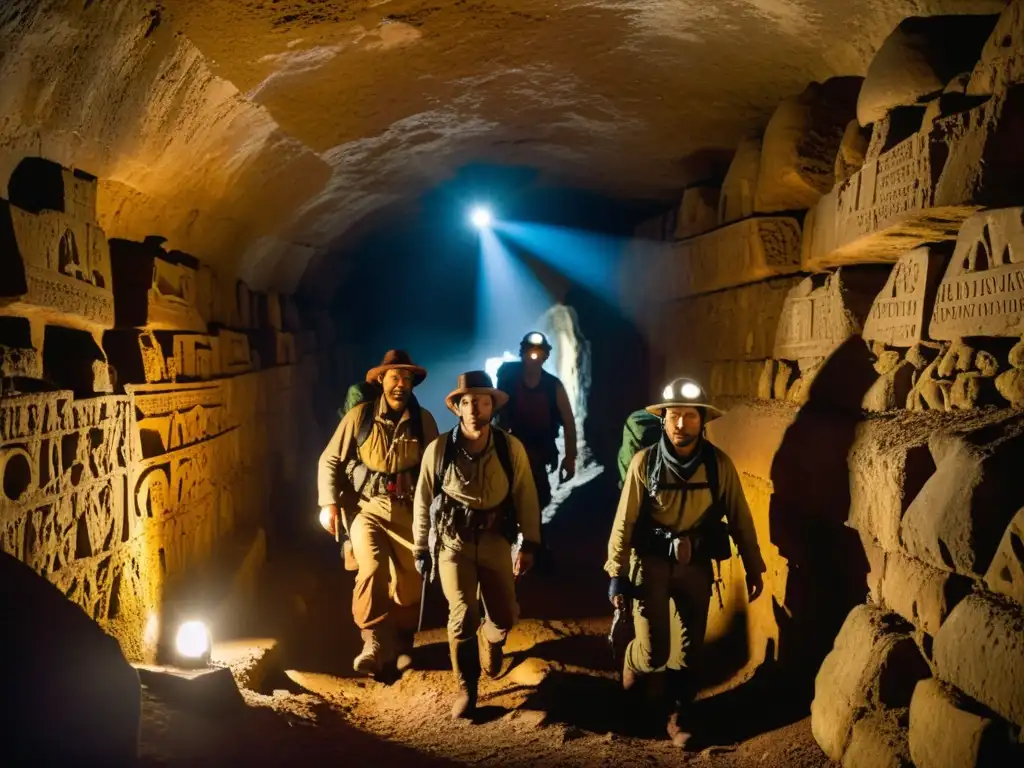 Un grupo de exploradores con equipo de escalada y linternas exploran pasajes estrechos en una catacumba, iluminando antiguos símbolos en las paredes