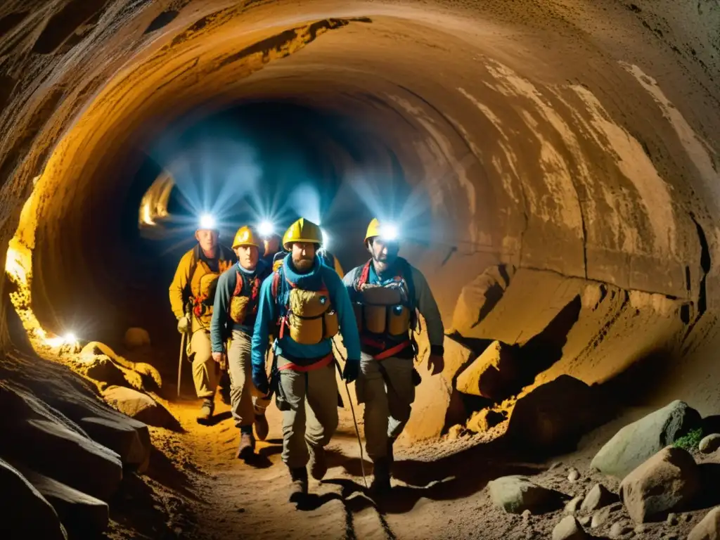 Grupo de exploradores con equipo de seguridad y linternas, explorando un túnel histórico con grabados antiguos