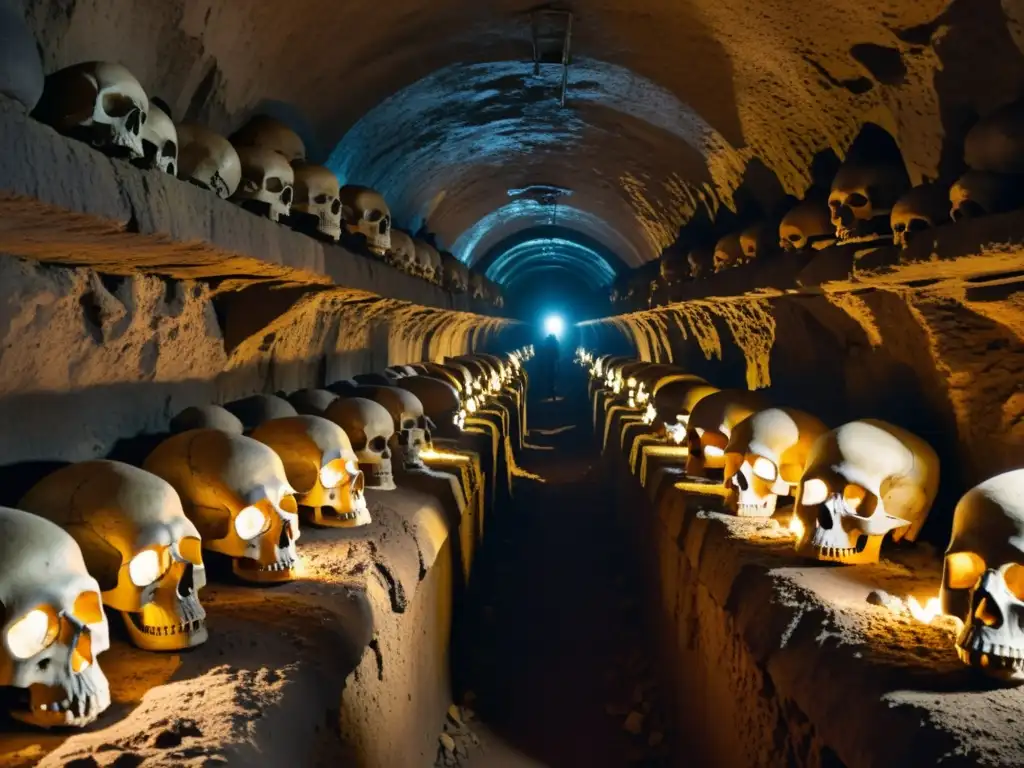 Un grupo de exploradores expertos se adentra en las catacumbas de París, revelando un pasaje oscuro y macabro con cráneos y huesos, creando una atmósfera misteriosa y emocionante de exploración expertos catacumbas París