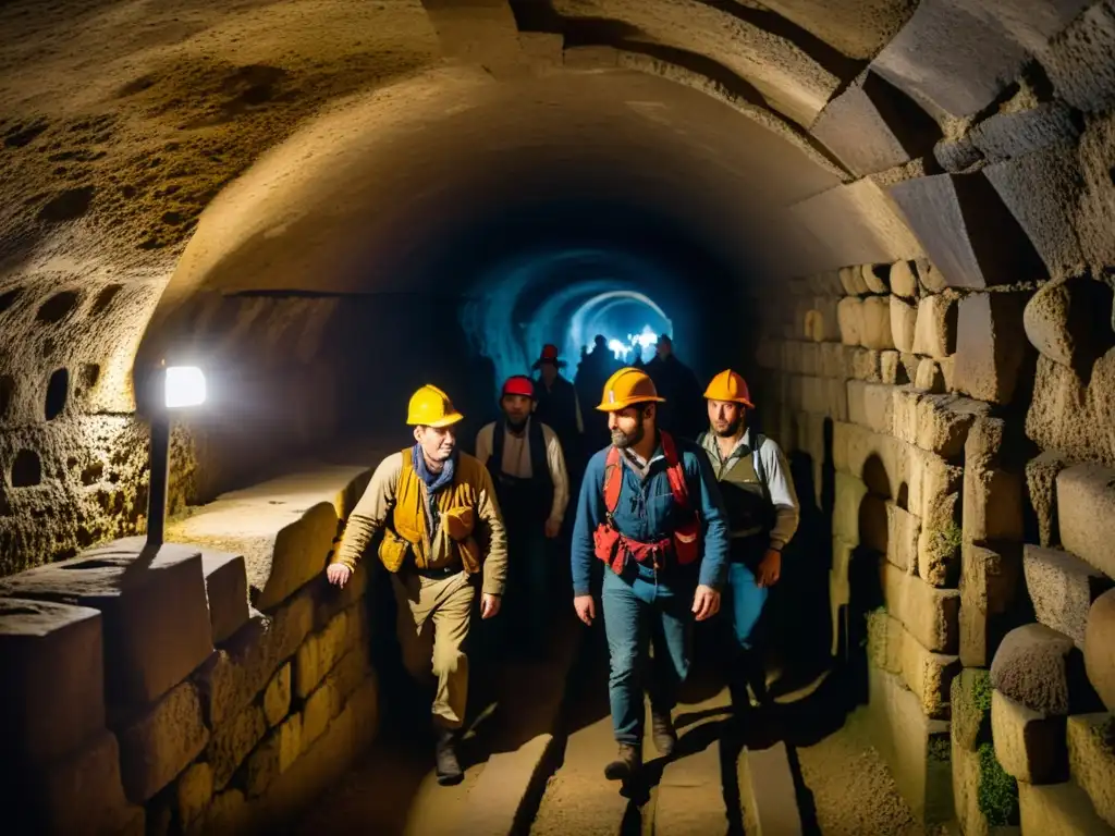 Un grupo de exploradores expertos navega con cautela por las antiguas catacumbas de París, iluminando su camino con linternas frontales y equipados con mochilas