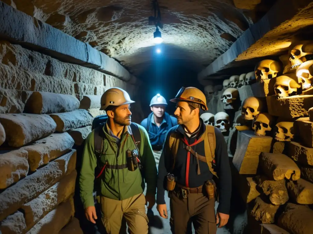 Grupo de exploradores expertos con linternas y equipo de escalada explorando las catacumbas de París, rodeados de huesos antiguos