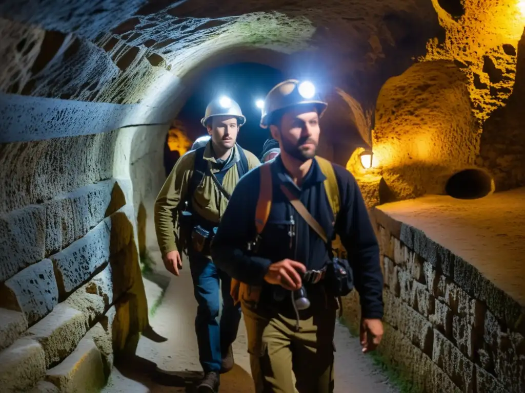 Grupo de exploradores expertos con linternas y equipo de escalada en las catacumbas de París, iluminados por las linternas mientras exploran los antiguos túneles subterráneos