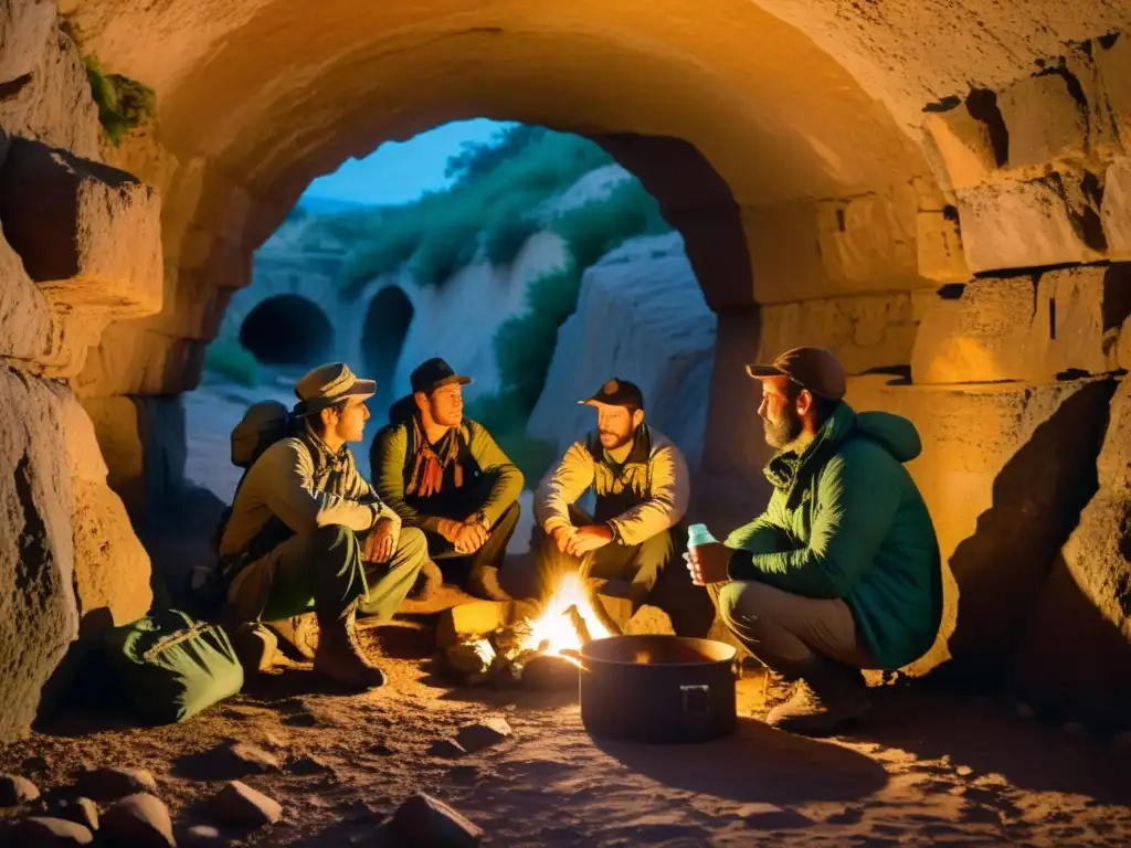 Grupo de exploradores cenando alrededor de fogata en túnel subterráneo histórico, con equipamiento esencial para exploración subterránea