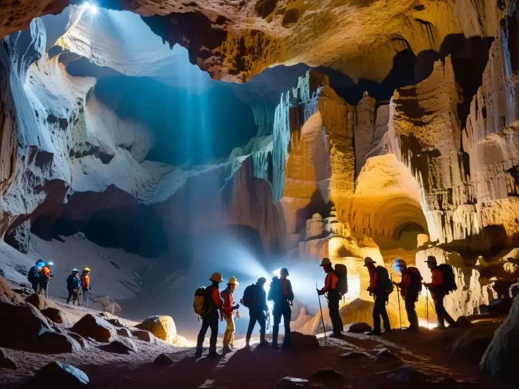 Un grupo de exploradores con guías de estudio exploraciones subterráneas, navegando con cuidado por un vasto sistema de cuevas subterráneas