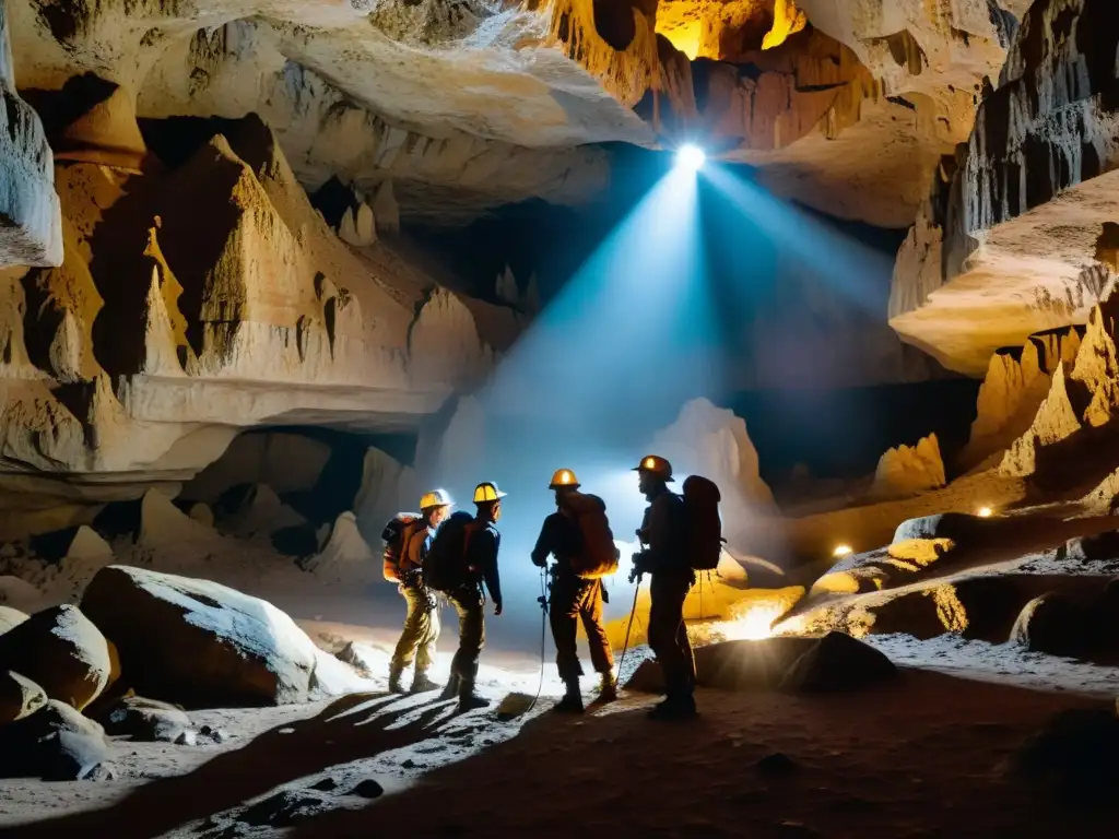 Un grupo de exploradores con guías profesionales expediciones subterráneas, navegando por una cueva oscura y misteriosa con la ayuda de linternas frontales