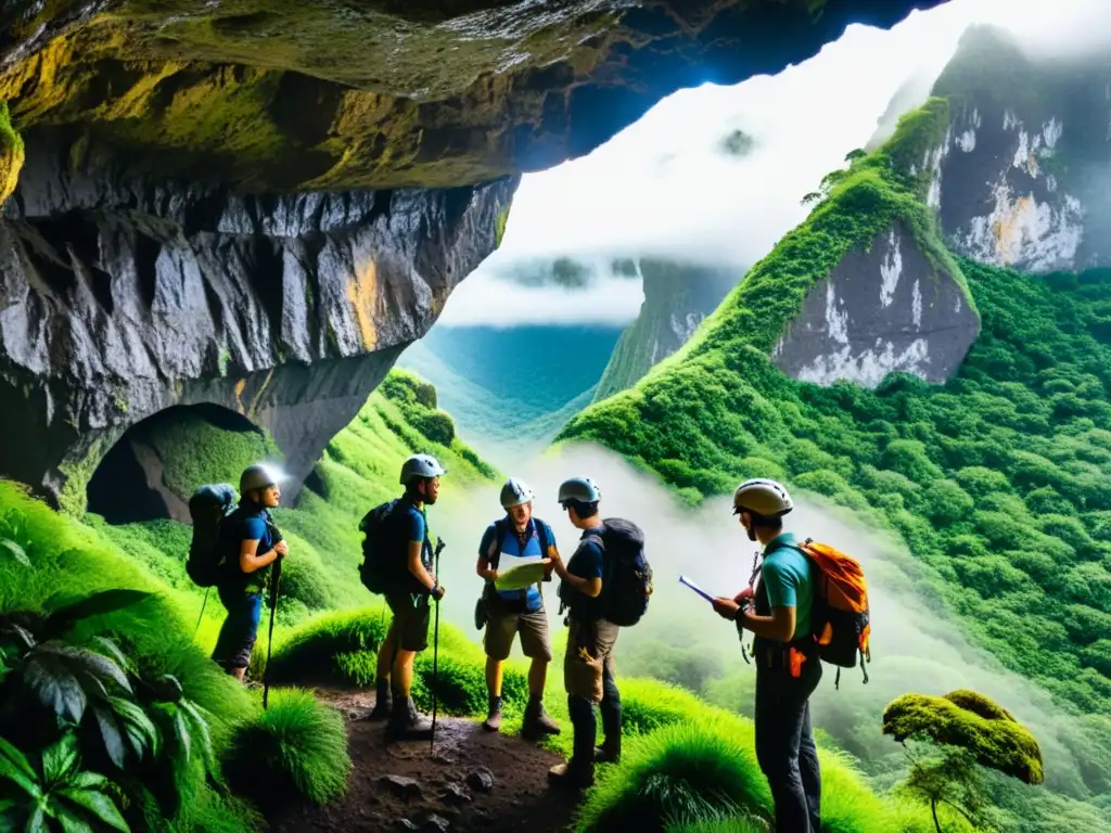 Un grupo de exploradores con guías de turismo en cuevas históricas, listos para la aventura en una cueva misteriosa entre montañas