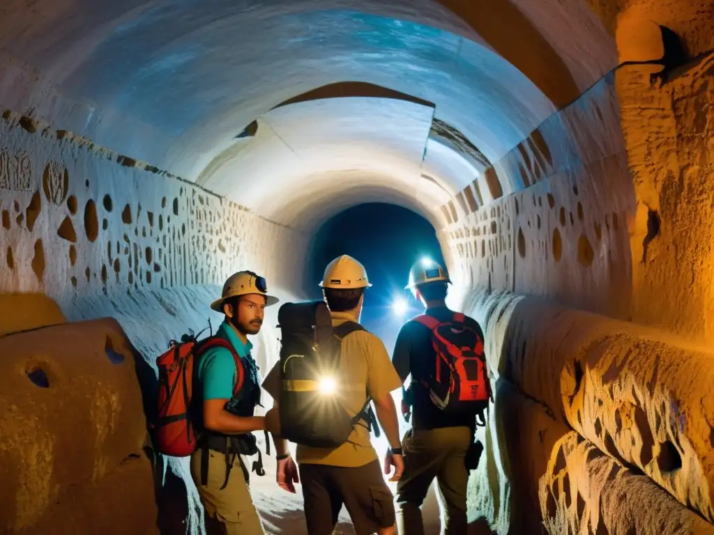 Un grupo de exploradores con herramientas modernas navega con cuidado por un túnel antiguo y oscuro, iluminando intrincadas marcas en las paredes