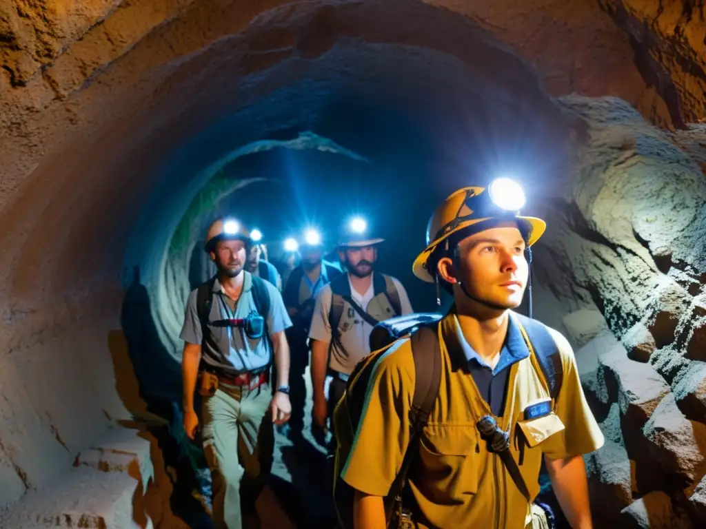 Un grupo de exploradores iluminados por lámparas frontales, navegando con cuidado un laberinto de túneles subterráneos