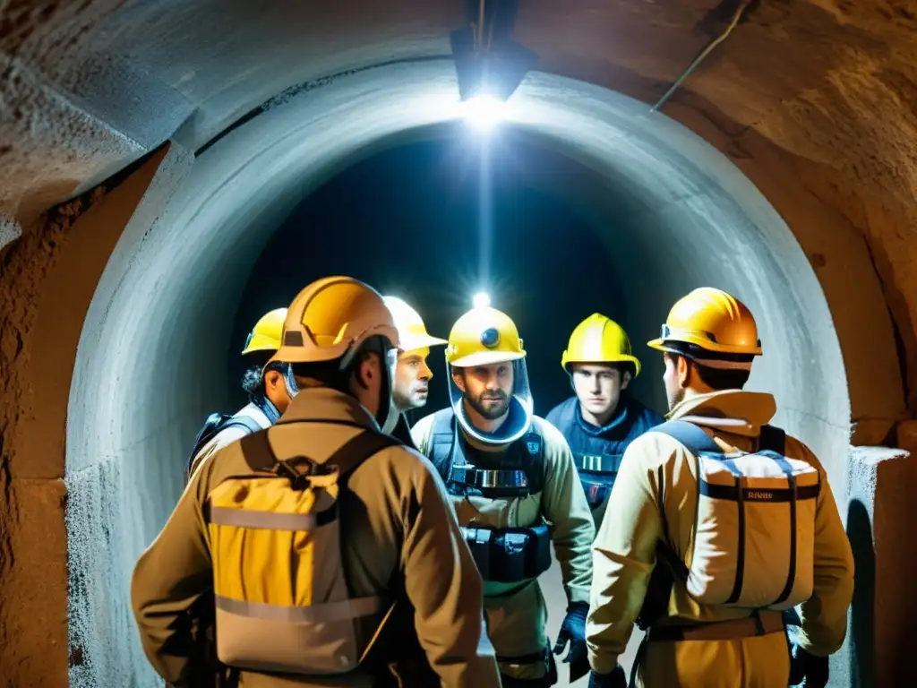 Grupo de exploradores con kits de primeros auxilios, navegando con precaución por un túnel estrecho y oscuro