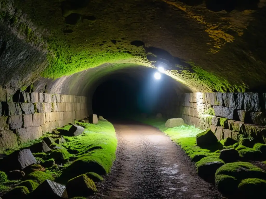 Un grupo de exploradores con linternas y cascos, recorriendo un antiguo túnel iluminado por destellos de luz