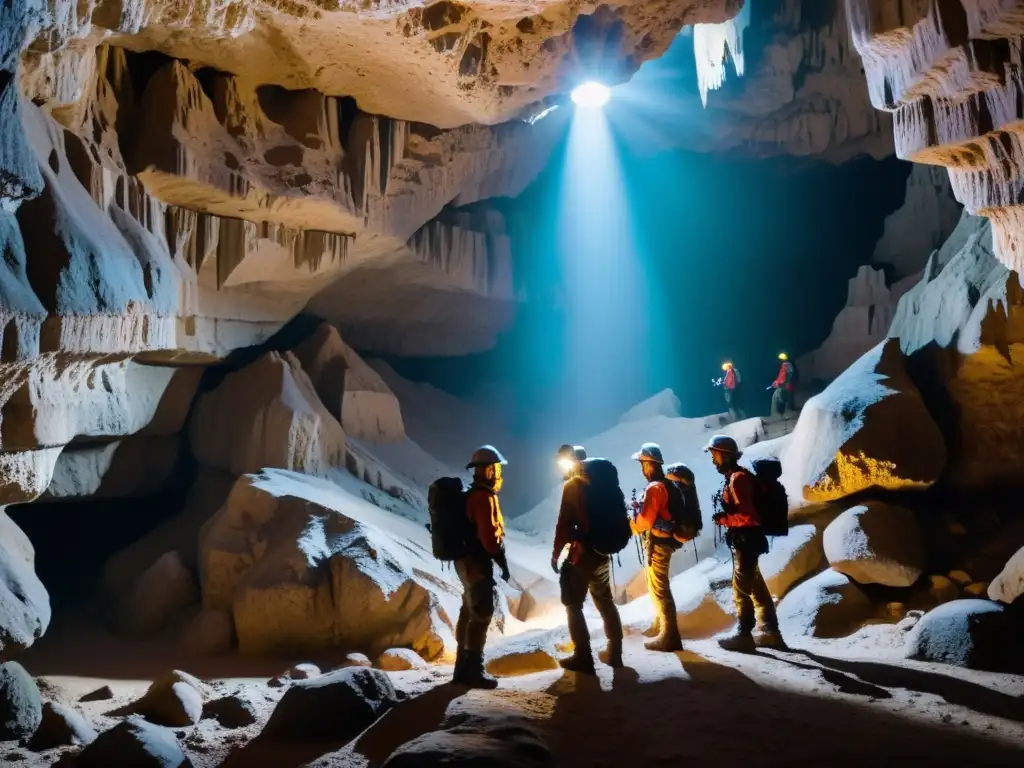 Grupo de exploradores con linternas en cueva subterránea