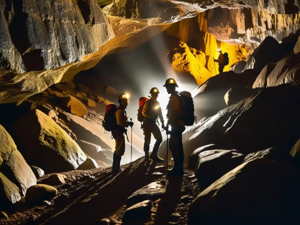 Grupo de exploradores con linternas en una cueva subterránea, iluminando las paredes húmedas