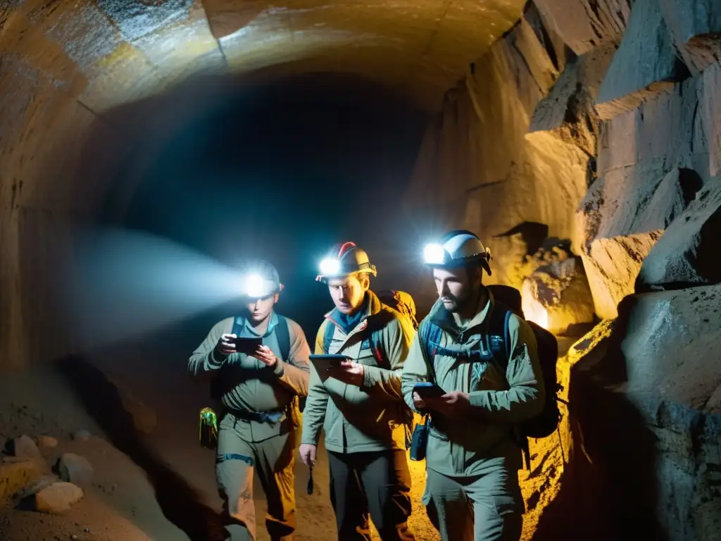 Un grupo de exploradores con linternas y dispositivos móviles exploran un túnel oscuro y rugoso, utilizando aplicaciones móviles para guiarse