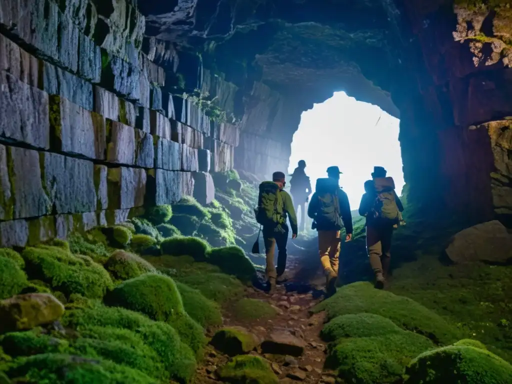 Grupo de exploradores con linternas en la entrada de un antiguo túnel de piedra, listos para expediciones subterráneas con realidad aumentada