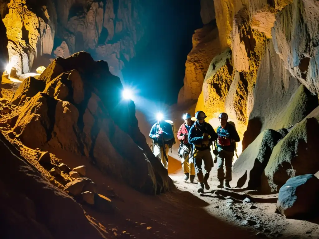 Un grupo de exploradores con linternas y equipo de escalada navega con cuidado por un estrecho pasaje subterráneo en las cuevas de Tolantongo