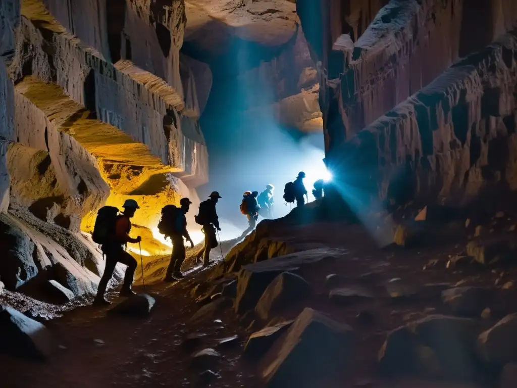 Grupo de exploradores con linternas y equipo de escalada explorando un oscuro túnel subterráneo, iluminando formaciones geológicas con sus linternas