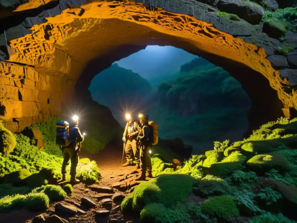 Un grupo de exploradores con linternas y equipo resistente se prepara para explorar un túnel histórico cubierto de musgo