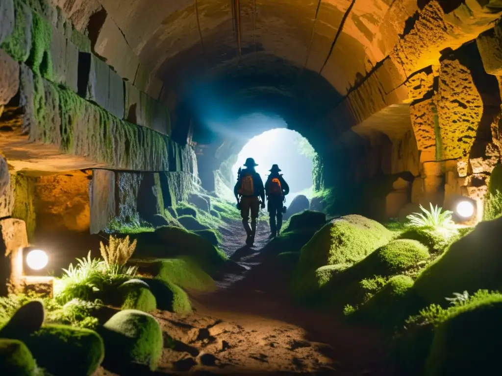 Grupo de exploradores con linternas y equipo de escalada en estrecho túnel antiguo, iluminado por luces