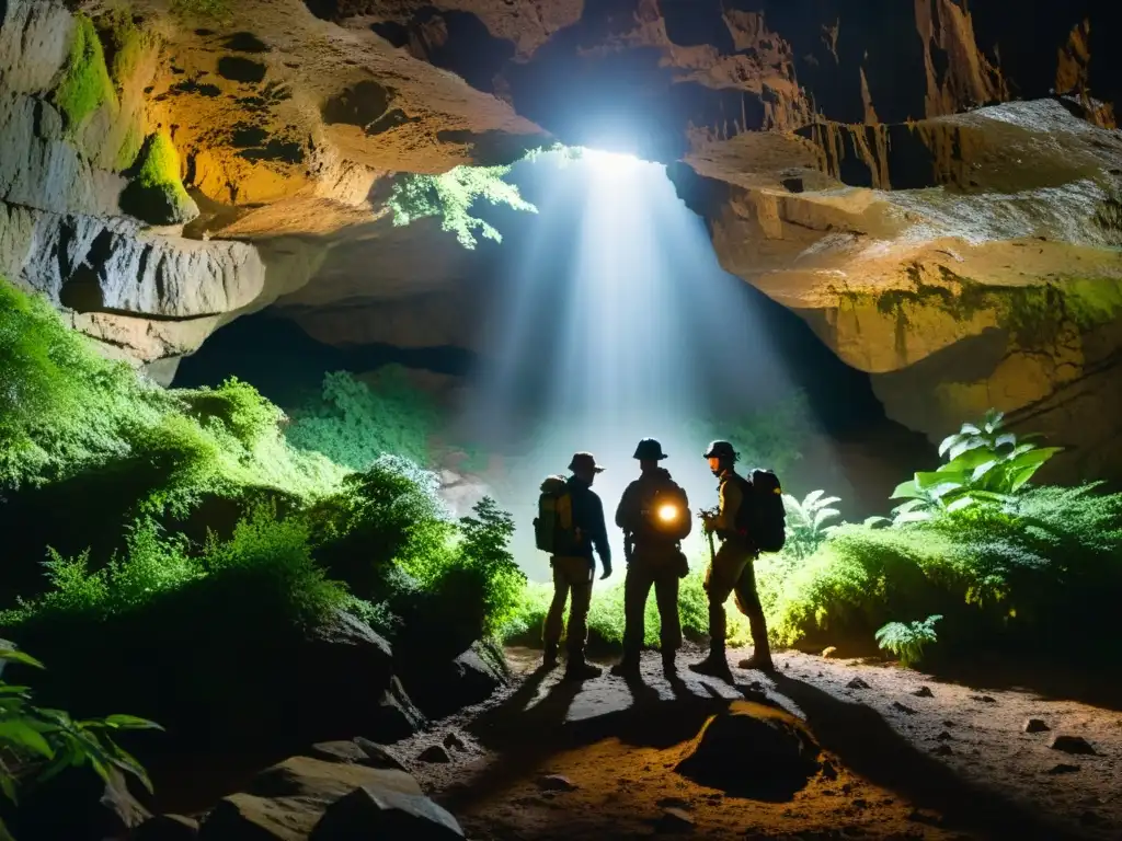 Un grupo de exploradores con linternas y equipo resistente se paran frente a la entrada de una misteriosa cueva